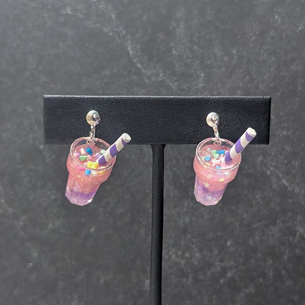 Clip On Earrings - Purple and Pink Drink with Straw Summer Dangle Earrings